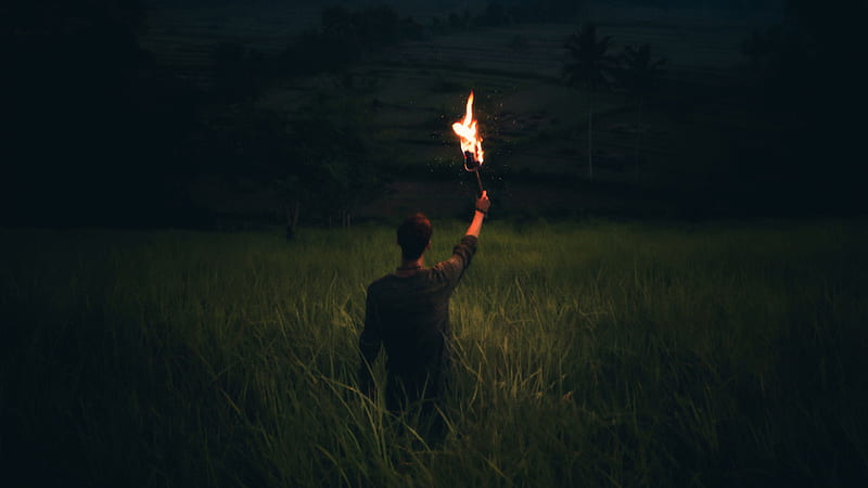 Man Through Dark With Wooden Torch, torch, graphy, HD wallpaper