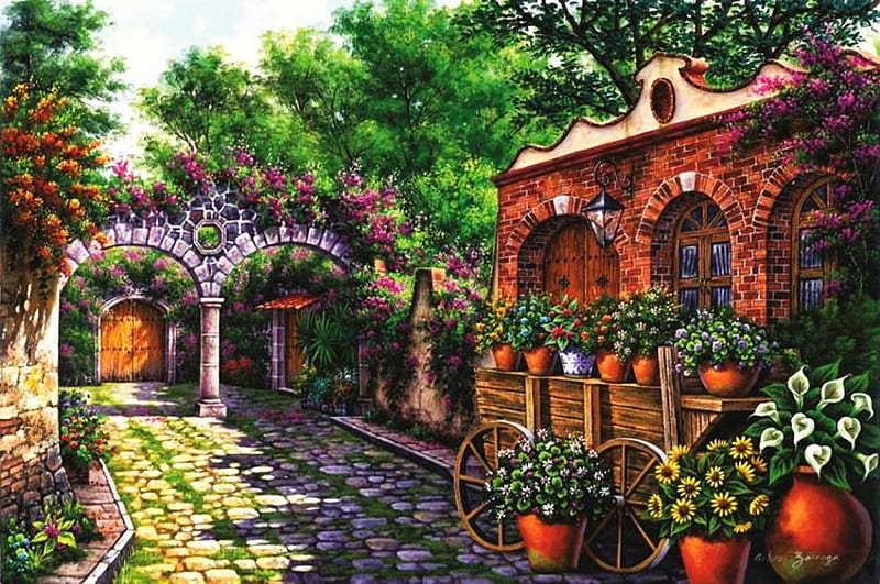 Flower Shop, house, pots, painting, cart, flowers, blossoms, artwork, wheels, HD wallpaper