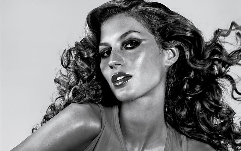 Gisele Bundchen, Black and White, Model, Curly Hair, Makeup, HD ...