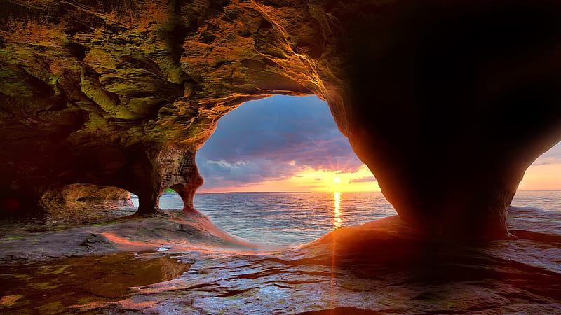 Cave at Lake Superior, Michigan, sea, colors, clouds, sky, rocks, sun, usa, sunset, HD wallpaper