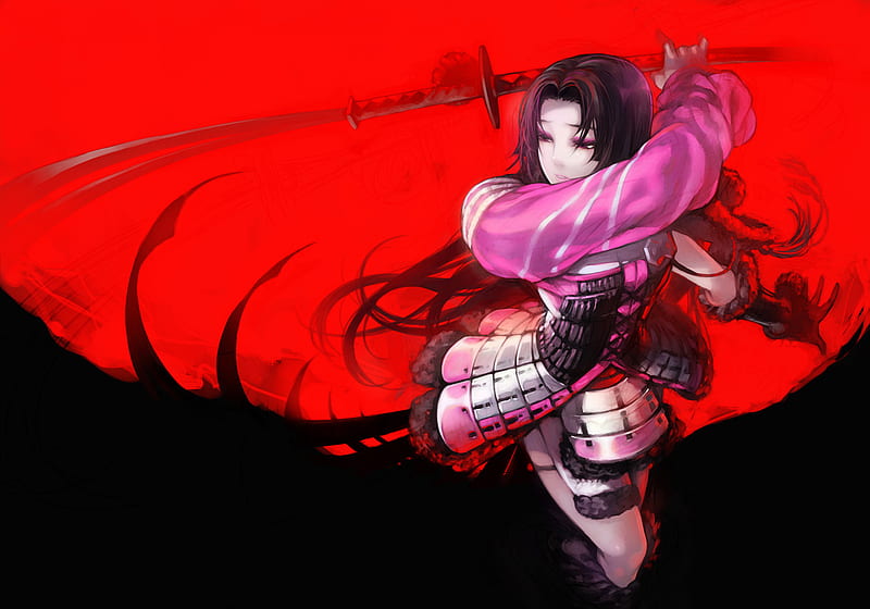 Oichi, red, female, sengoku basara, armor, girl, lone, red background, weapon, long hair, red eyes, black hair, armour, HD wallpaper