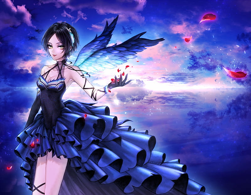 Angel, drexs, girl, anime, manga, ohagi, blue, wings, petals, pink, HD wallpaper