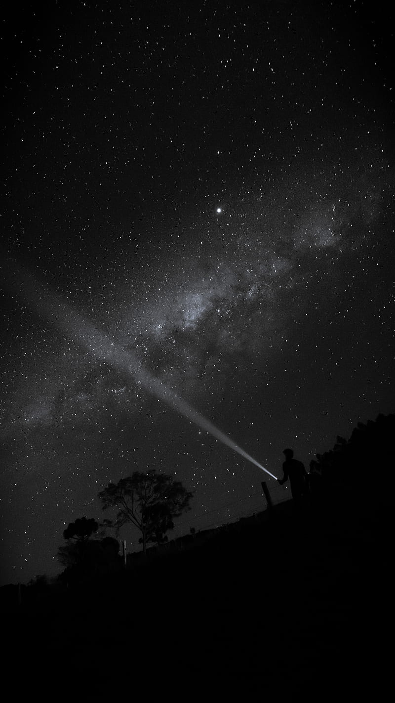 night, starry sky, man, flashlight, glow, HD phone wallpaper