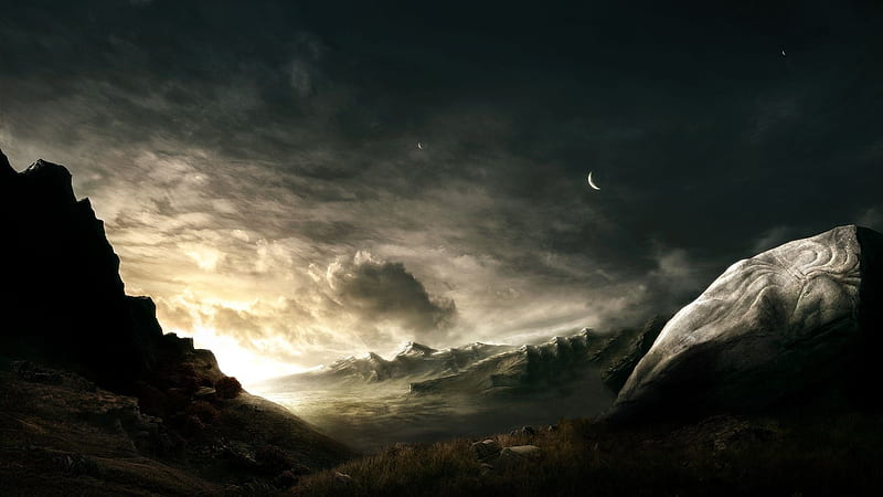 fantasy landscape, crescent, mountains, field, dark theme, Fantasy, HD wallpaper