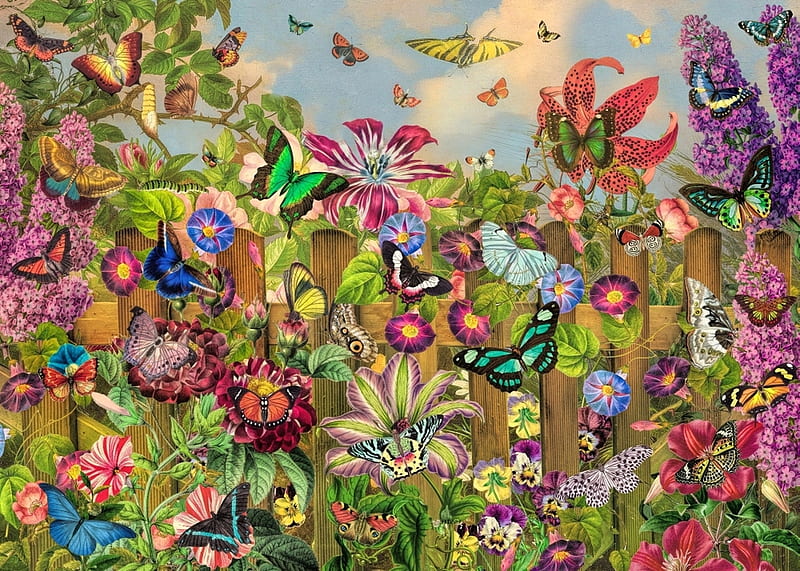 Butterfly garden, collage, aimee stewart, art, butterfly, flower, garden, HD wallpaper