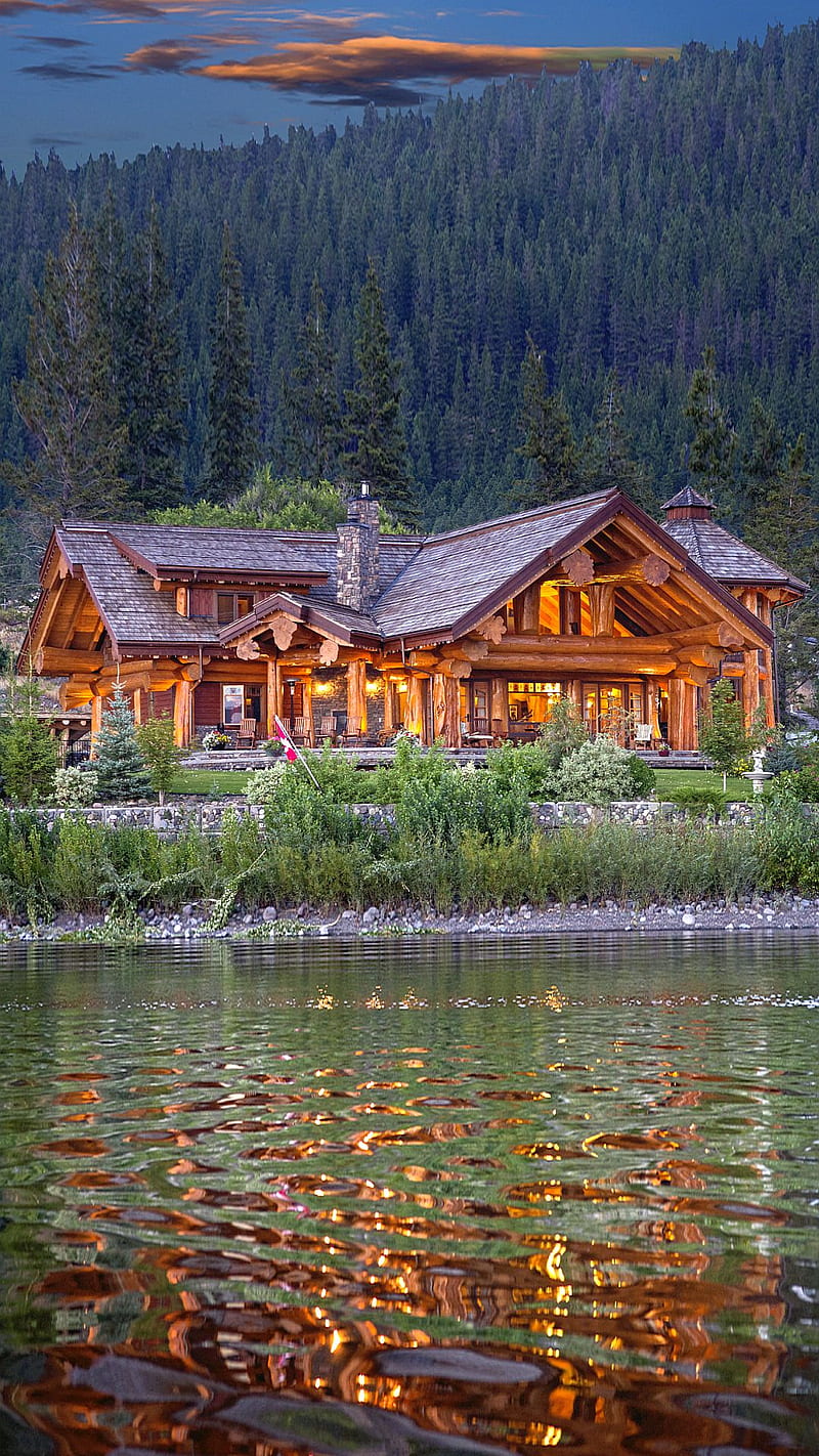 Log Cabin, lake, porches, sunset, windows, HD phone wallpaper
