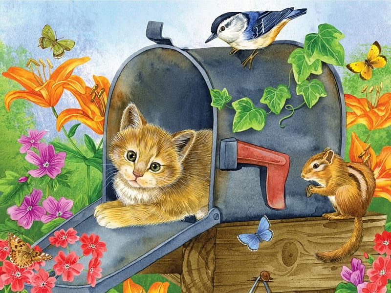 Waiting for the mail, pretty, colorful, squirrel, bonito, adorable, sweet, butterfly, wait, painting, flowers, art, lovely, mail, kitty, greenery, birds, fun, joy, cat, cute, summer, garden, kitten, HD wallpaper