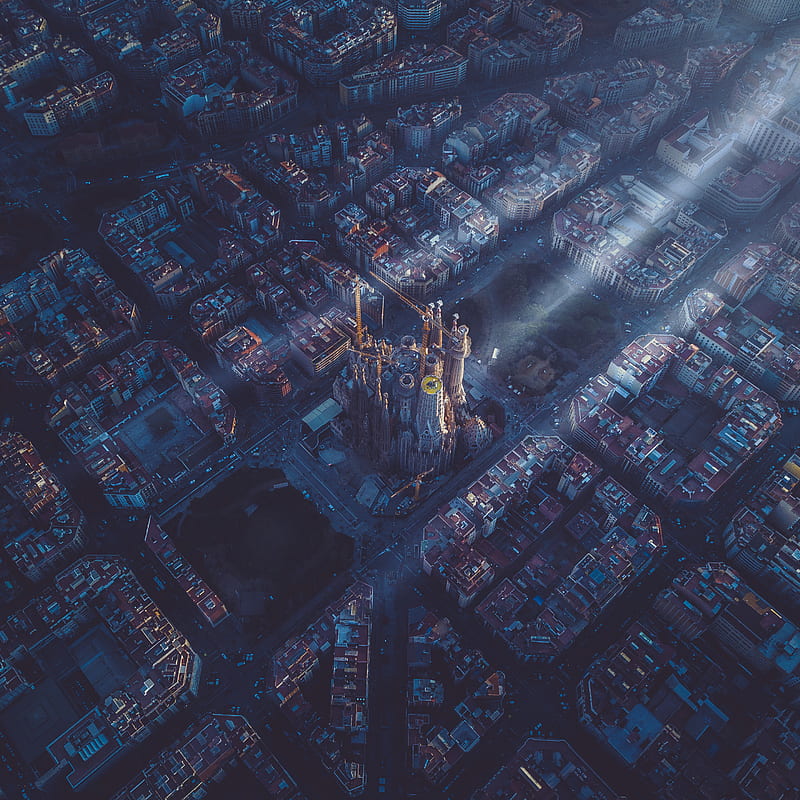 Middle Earth 1, aerial, barcelona, city grid, cool tone, cool tones, dark, eixample, europe, grid, light rays, lights, overview, perfect shape, spain, sunset, symmetry, the sim, video game, HD phone wallpaper