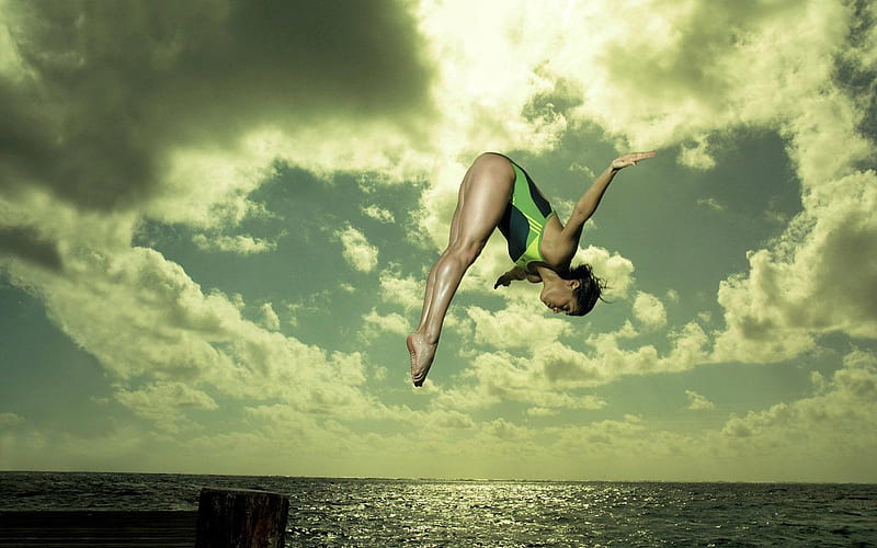 Diving, models female, sky, clouds, perfections, lake, women, graphy, water, bridge, swimming, esports, HD wallpaper