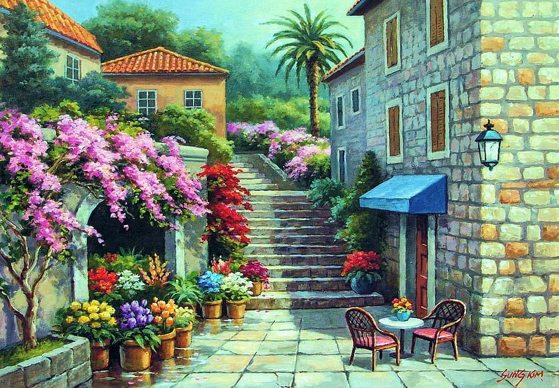 Springtime Flower Shop, house, artwork, painting, flowers, stairs, palm, HD wallpaper