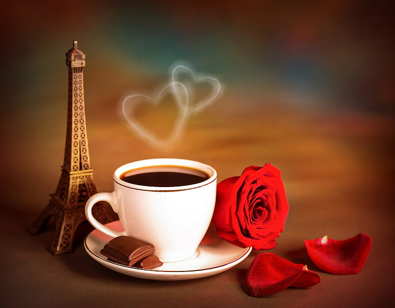 For You, valentines day, with love, rose, roses, red rose, coffee, eiffel tower, love, coffee time, cup, flowers, petals, HD wallpaper