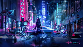 Warrior Girl in Cyberpunk City, HD wallpaper