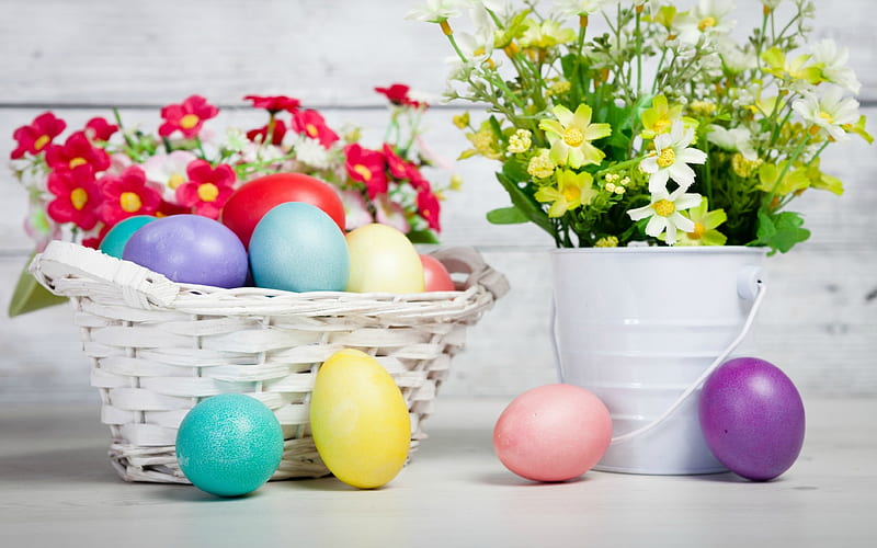 Easter Eggs With Spring Flowers, Easter eggs, bucket, pail, still life, Easter, basket, flowers, eggs, Spring, wood, HD wallpaper