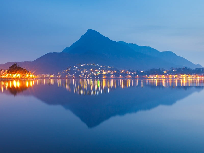 Reflection Mountains at Night, view, sky, lights, sea, mountains, nature, reflection, landscape, night, HD wallpaper