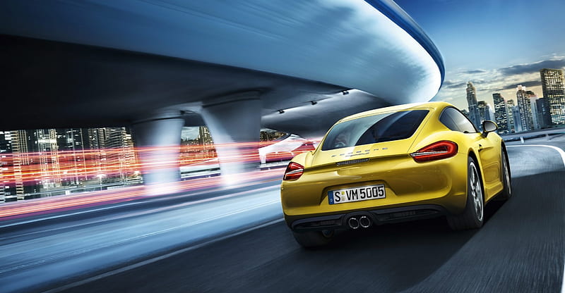 Porsche Cayman S yellow, highway, speed, cool, porsche, car cayman, road, HD wallpaper