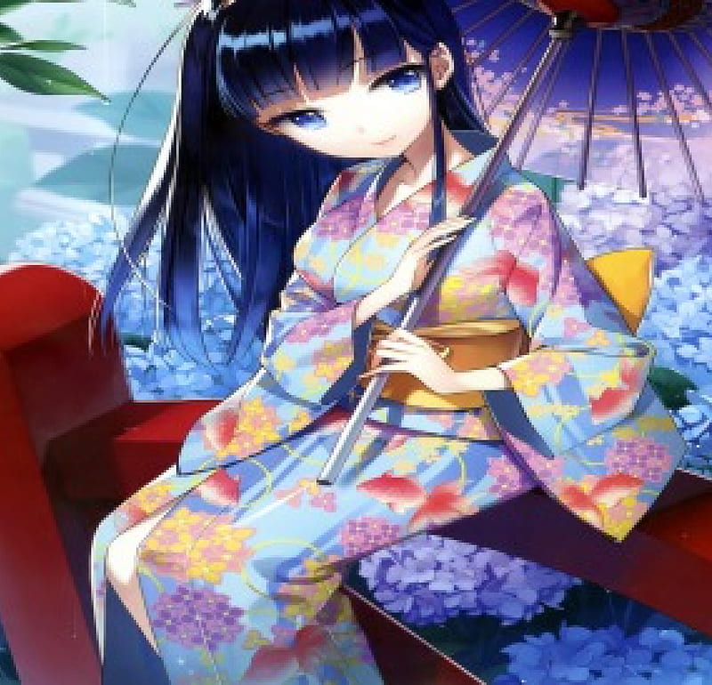 Japanese Girl, pretty, japanese, girl, umbrella, nardack, kimono, orginal, long hair, HD wallpaper