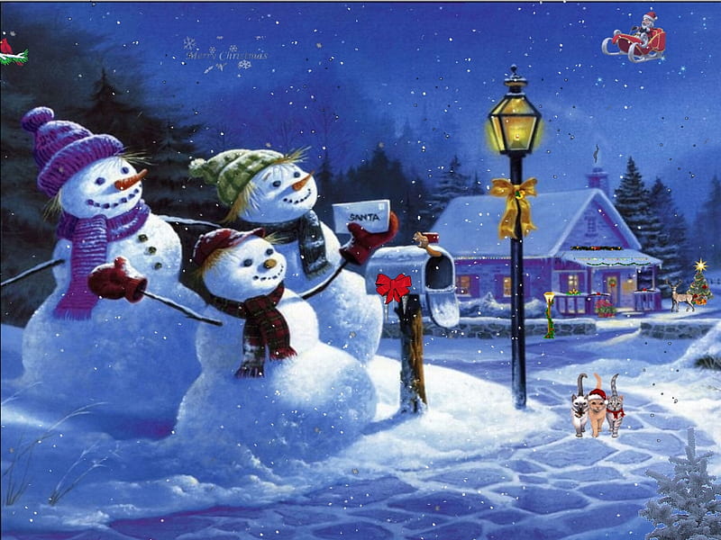 Happy snowmen, cute, snowmen, christmas, snow, evening, cats, winter ...