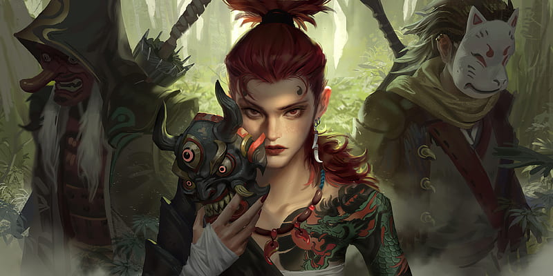 Fantasy, Women Warrior, Girl, Mask, Red Eyes, Red Hair, Tattoo, Woman Warrior, HD wallpaper