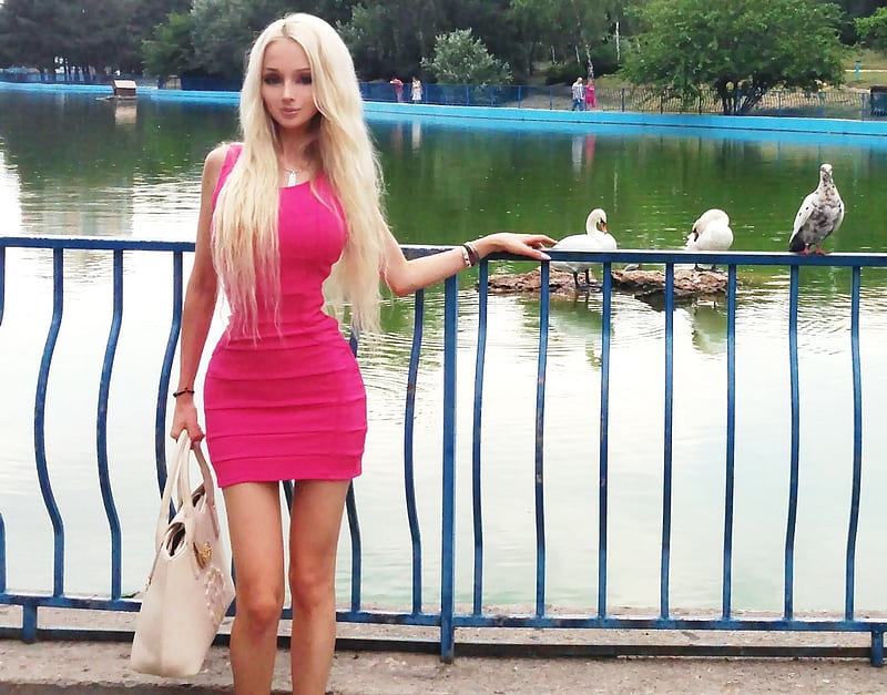 Valeria Lukyanova, hot pink mini dress, swans, pigeon on rail, platinum blonde, hand on guard rail, large pond, HD wallpaper