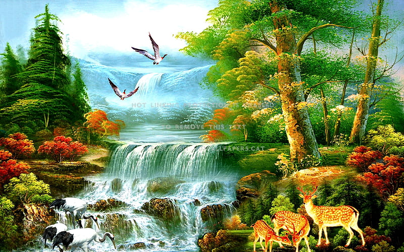 Paradise waterfalls, tree, paradise, waterfalls, deer, painting, HD wallpaper