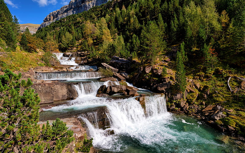waterfall, mountain river, cascades, mountain landscape, summer, Ordesa Valley, Huesca, Aragon, Spain, HD wallpaper