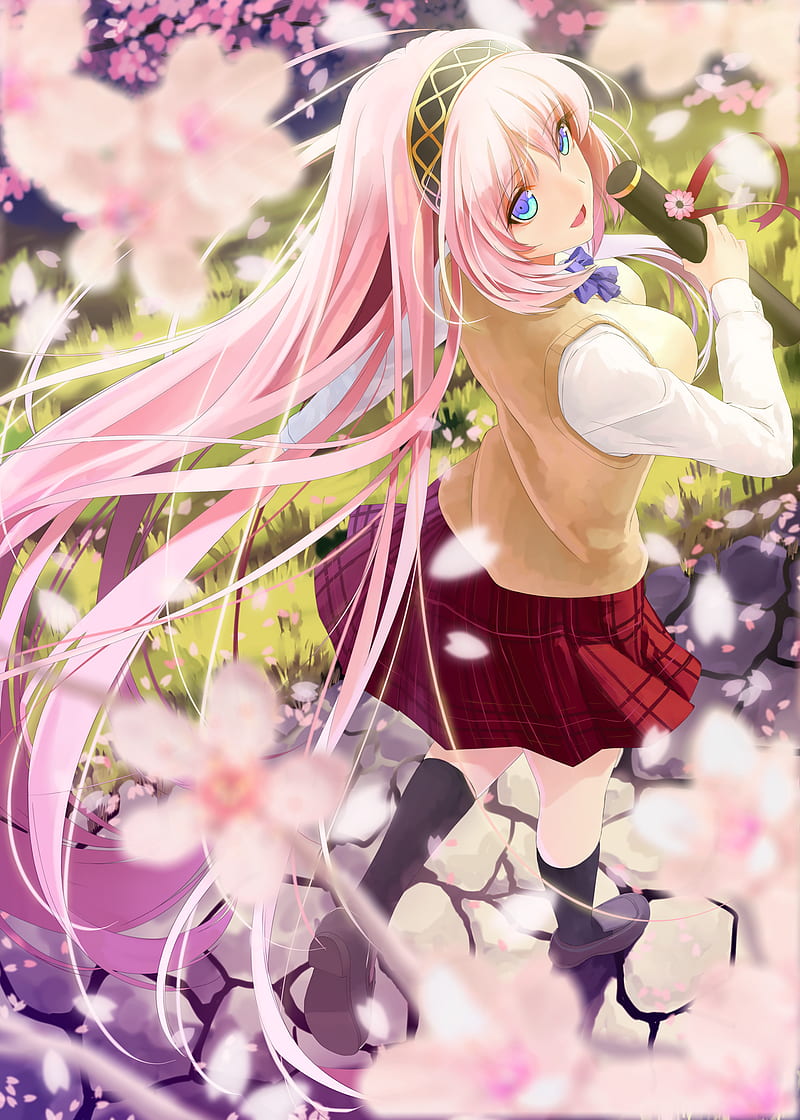 Megurine Luka, Vocaloid, long hair, pink hair, blue eyes, school uniform, cherry blossom, okingjo, HD phone wallpaper