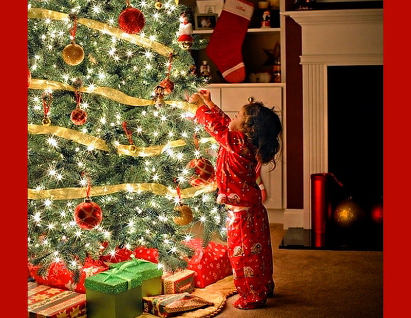 The joy of Christmas, tree, decorations, child, wonder, joy, lights, HD wallpaper