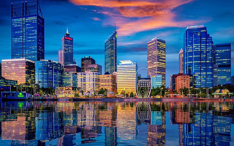Perth, Australia, skyscrapers, modern city, evening, sunset, Perth cityscape, Western Australia, HD wallpaper