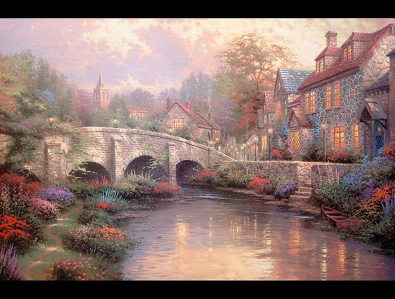 Cobblestone,Brook, house, stones, bridge, flowers, village, river, HD wallpaper