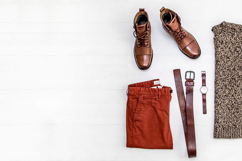 pair of brown leather boots, red shorts, brown leather belt, round gold-colored watch, and brown top, HD wallpaper