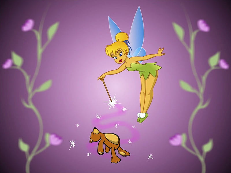 Tinkerbell Spells, wand, flowers, tinkerbell, magic, teddy bear, fairy, HD wallpaper