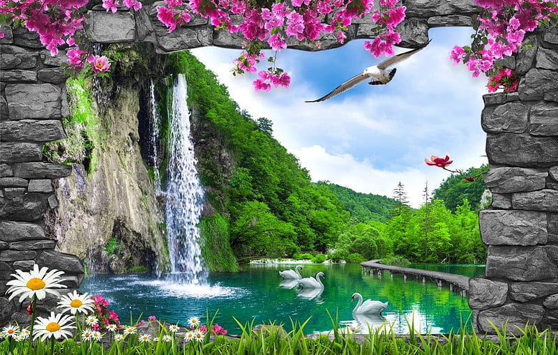 Waterfall in paradise, summer, park, spring, lake, swans, forest, greenery, bonito, pond, paradise, wildflowers, waterfall, HD wallpaper