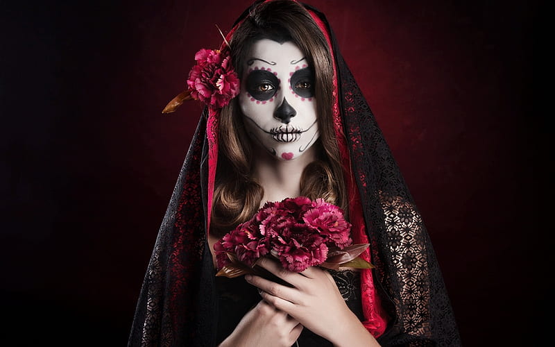Dia de los muertos, sugar skull, red, model, halloween, woman, girl, hand, flower, pink, HD wallpaper