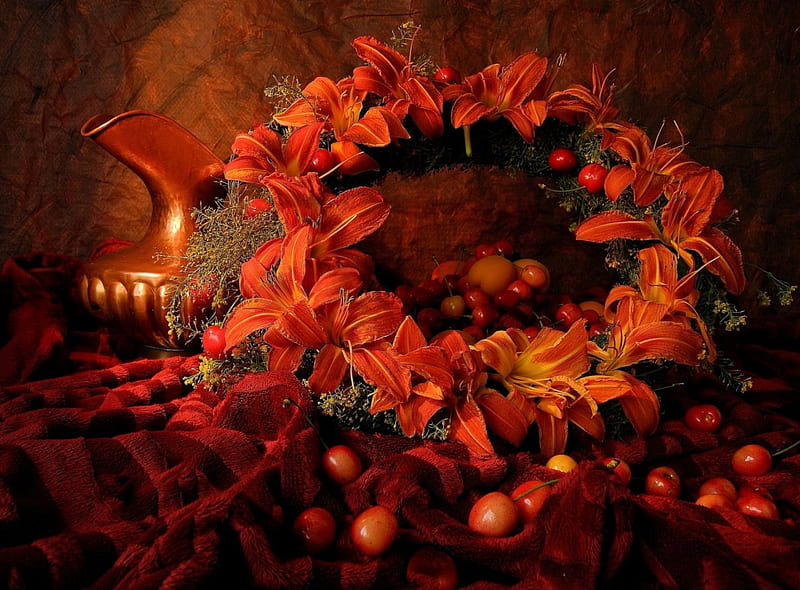 Autumn Still Life, Fall, wreath, cherries, lilies, pitcher, blanket, fruit, still life, jug, Autumn, HD wallpaper