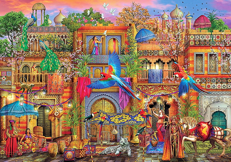 Arabian Street, sunset, girls, tiger, parrot, sky, palace, horse, colors, peacocks, digital, HD wallpaper