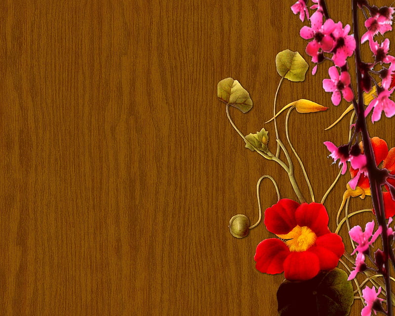 Flowers and oak, red, brown, flower, oak, wood, HD wallpaper