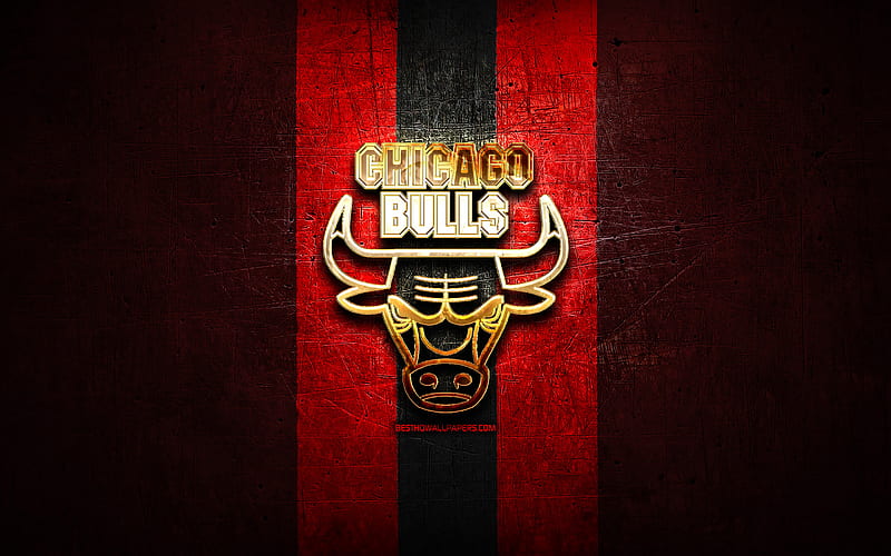 Chicago Bulls, golden logo, NBA, red metal background, american basketball club, Chicago Bulls logo, basketball, USA, HD wallpaper