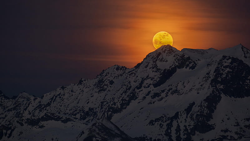 Rise Of Supermoon Behind Snowy Mountains Nature, HD wallpaper