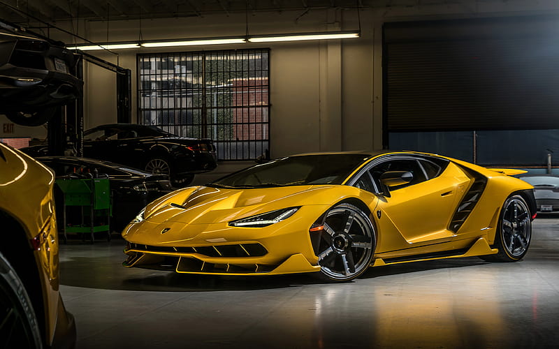 Lamborghini Centenario, garage, 2018 cars, supercars, yellow Centenario, Lamborghini, HD wallpaper