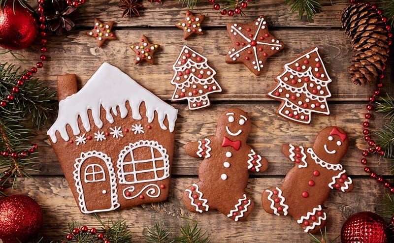 Merry Christmas!, deco, house, craciun, christmas, card, cookies, tree, gingerbrad, star, wood, HD wallpaper