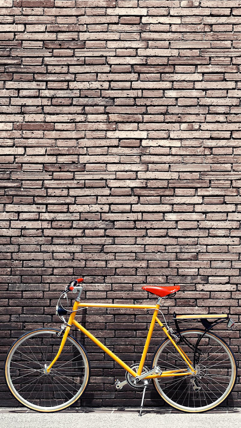 Bicycle, bike, bricks, graphy, wall, yellow, HD phone wallpaper