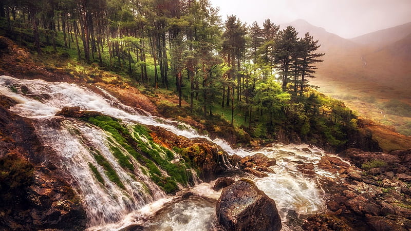 Hillside Rocky Waterfalls, Waterfalls, Trees, Rocks, Rivers, Hills, Nature, HD wallpaper