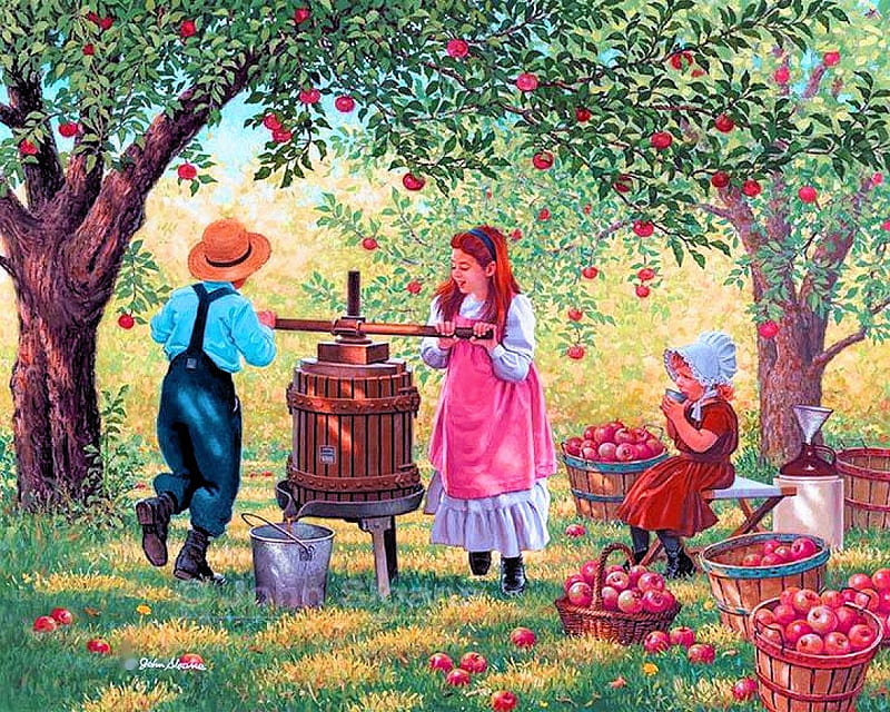 Round and Round, apples, baskets, cider, painting, children, trees, artwork, HD wallpaper