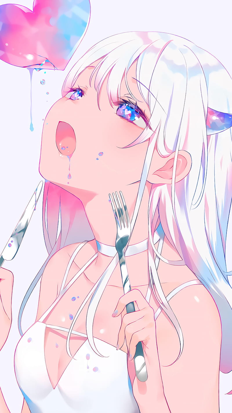 Anime, anime girls, open mouth, blue eyes, fork, HD phone wallpaper | Peakpx