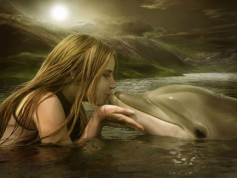 kus eens een dolfijn, dolfijn, meisje, kussen, HD wallpaper