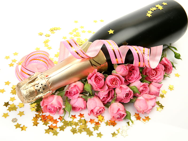 Roses and Champagne, with love, pretty, rose, bottle, bonito, still life, graphy, love, flowers, beauty, for you, pink, valentines day, lovely, romantic, romance, holiday, wine, ribbon, celebration, roses, pink roses, pink rose, valentin, nature, champagne, HD wallpaper