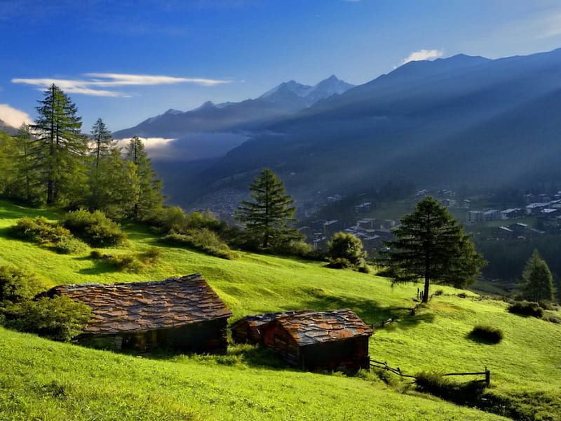 Small mountain cottages, cottages, slopes, grass, bonito, clouds, mountain, nice, green, peaks, cabins, blue, lovely, view, mountainscape, houses, roofs, greenery, sky, trees, peaceful, summer, nature, meadow, field, HD wallpaper