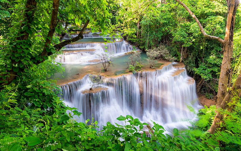 jungle, tropical waterfall, river, Thailand, tourism, beautiful waterfalls, summer, HD wallpaper