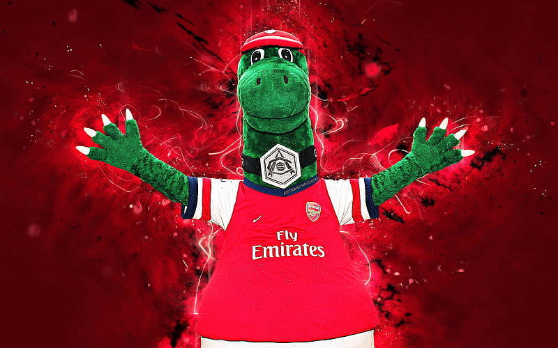 Gunnersaurus mascot, Arsenal, abstract art, Premier League, creative, The Gunners, official mascot, neon lights, Arsenal FC mascot, HD wallpaper