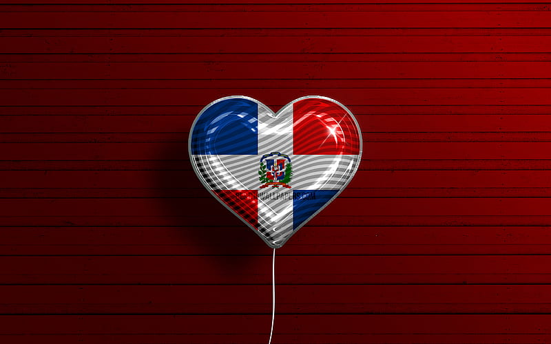 I Love Dominican Republic realistic balloons, red wooden background, North American countries, Dominican Republic flag heart, favorite countries, flag of Dominican Republic, balloon with flag, Dominican Republic flag, North America, Love Dominican Republic, HD wallpaper